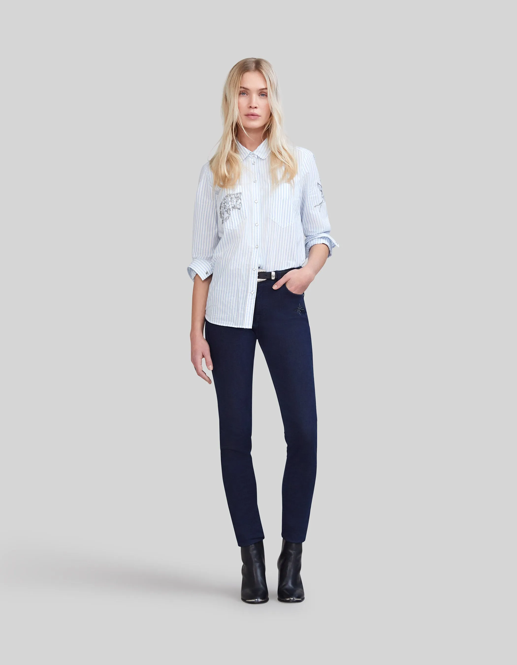 Chemise bleue rayée broderies métallisées Femme