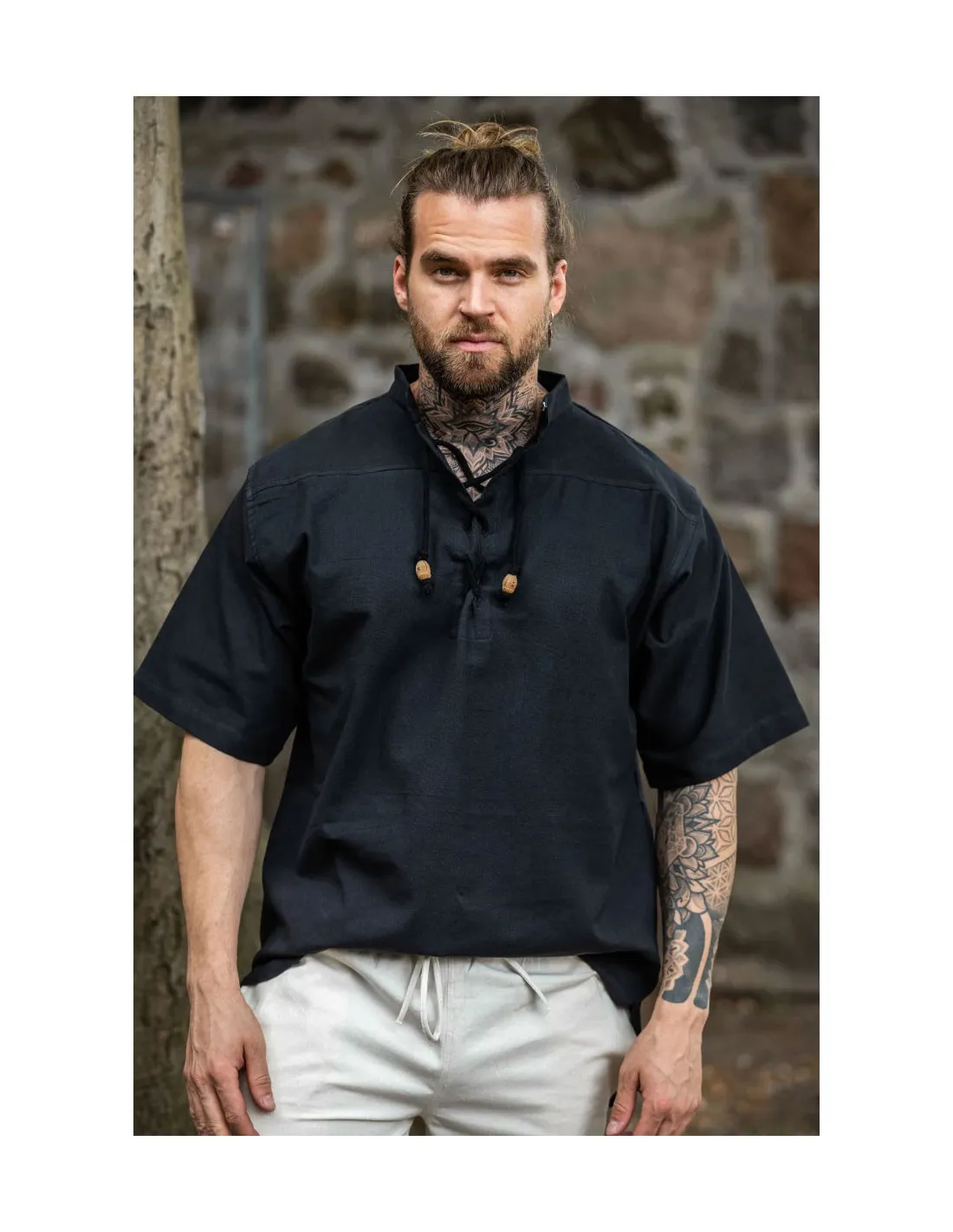 Chemise médiévale à manches courtes avec liens, couleur noire ⚔️ Boutique Épées