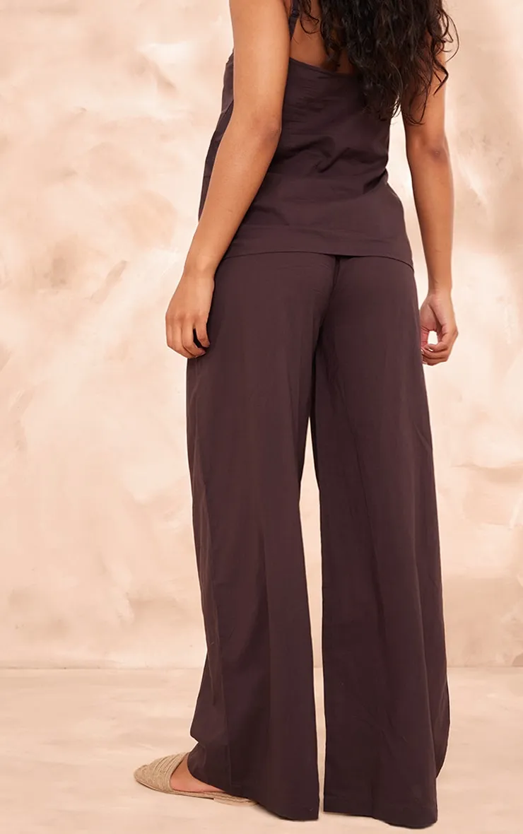 Pantalon large effet lin marron chocolat