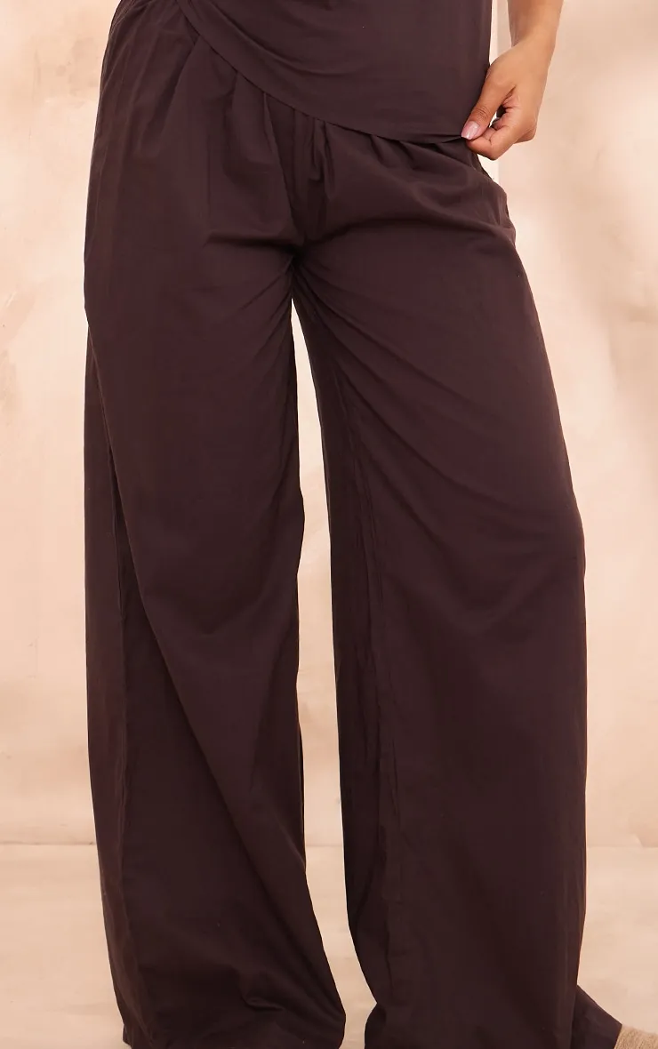 Pantalon large effet lin marron chocolat