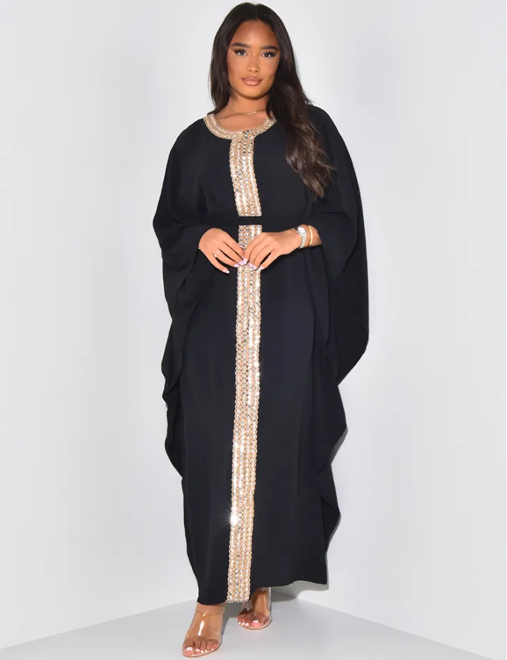 Robe abaya ajustée à broderies en cordes et sequins / 59587 - JEANS INDUSTRY