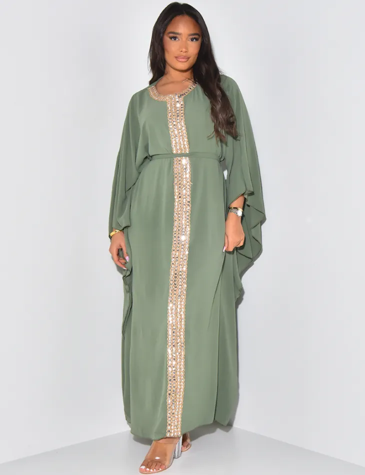 Robe abaya ajustée à broderies en cordes et sequins / 59587 - JEANS INDUSTRY