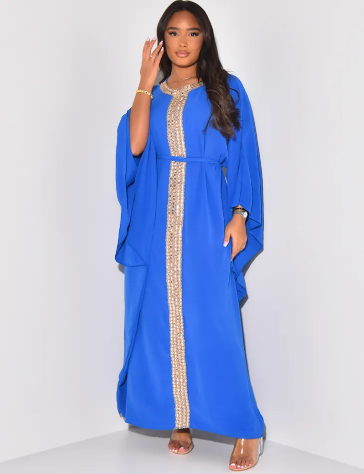 Robe abaya ajustée à broderies en cordes et sequins / 59587 - JEANS INDUSTRY