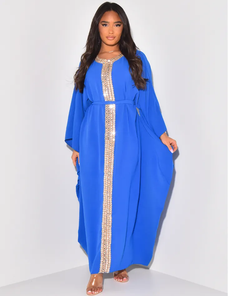 Robe abaya ajustée à broderies en cordes et sequins / 59587 - JEANS INDUSTRY