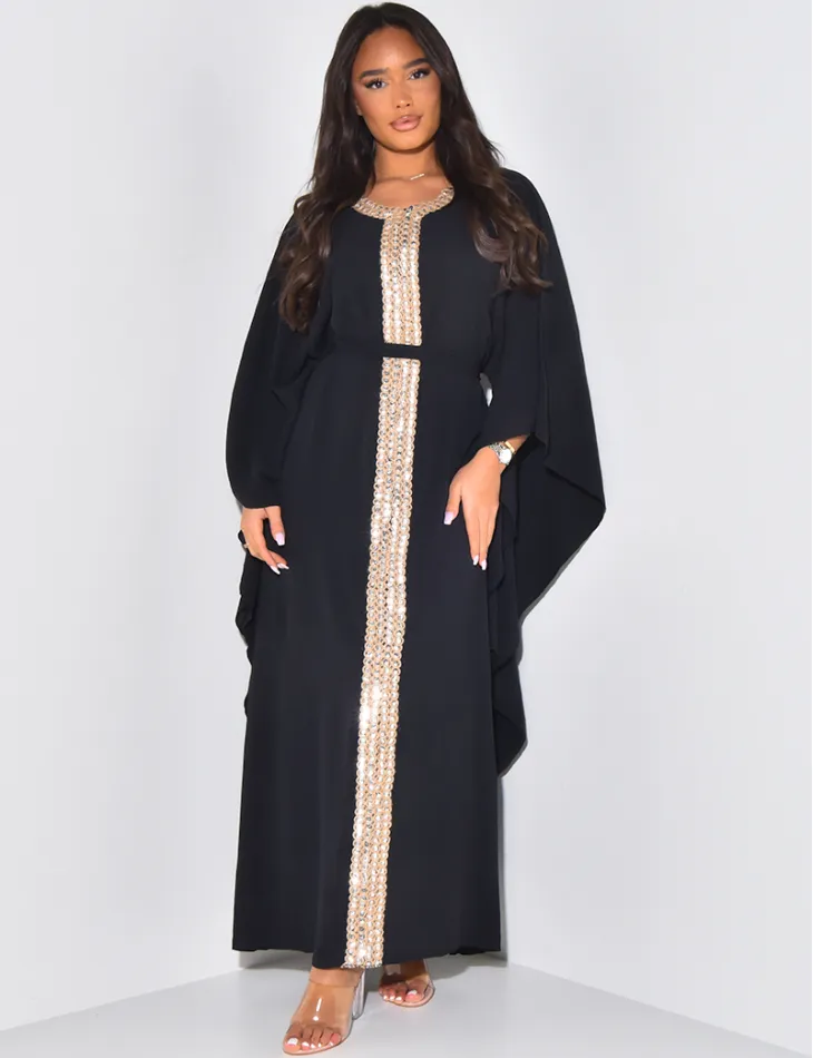 Robe abaya ajustée à broderies en cordes et sequins / 59587 - JEANS INDUSTRY