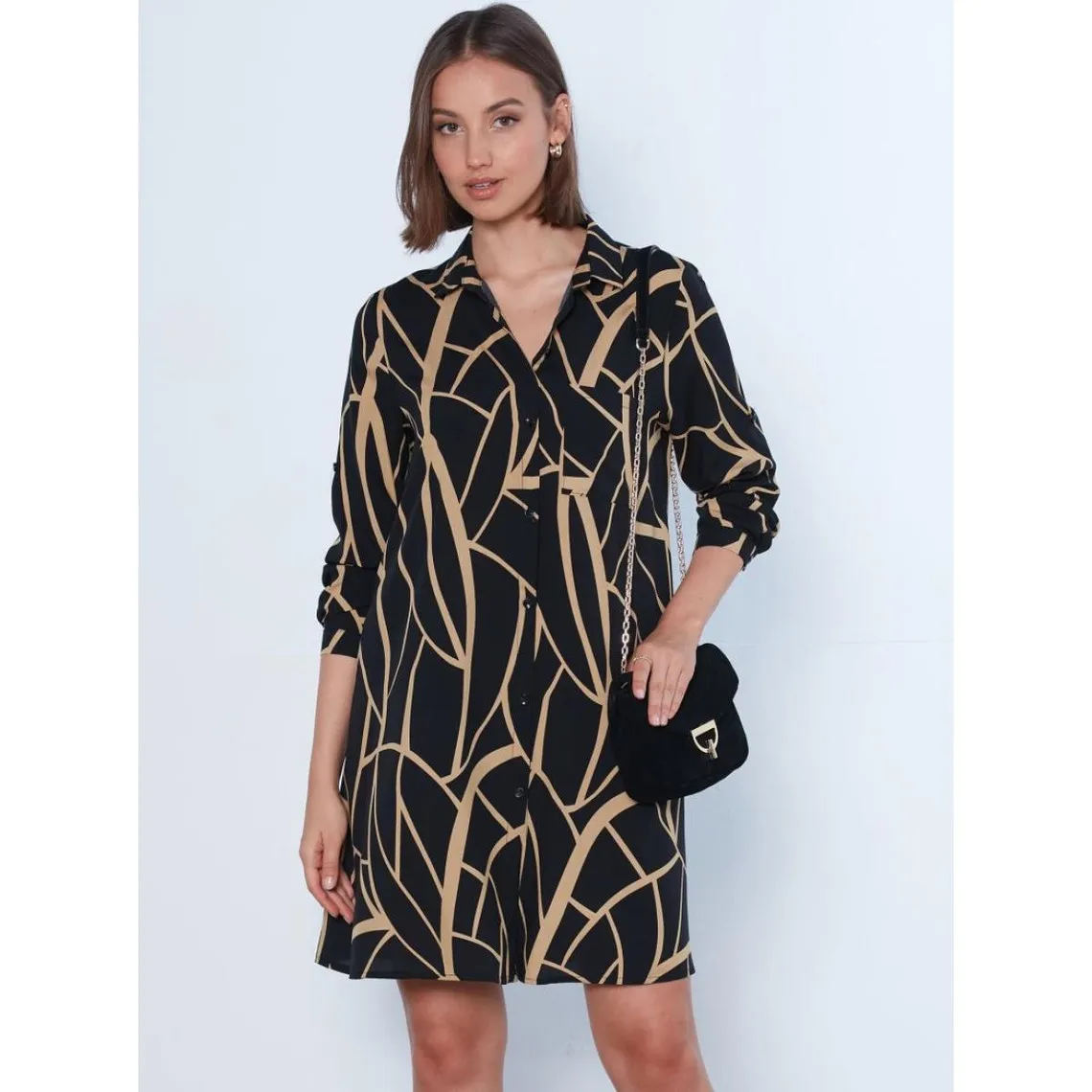 Robe chemise évasée imprimée à manches longues en viscose noir | 3 Suisses