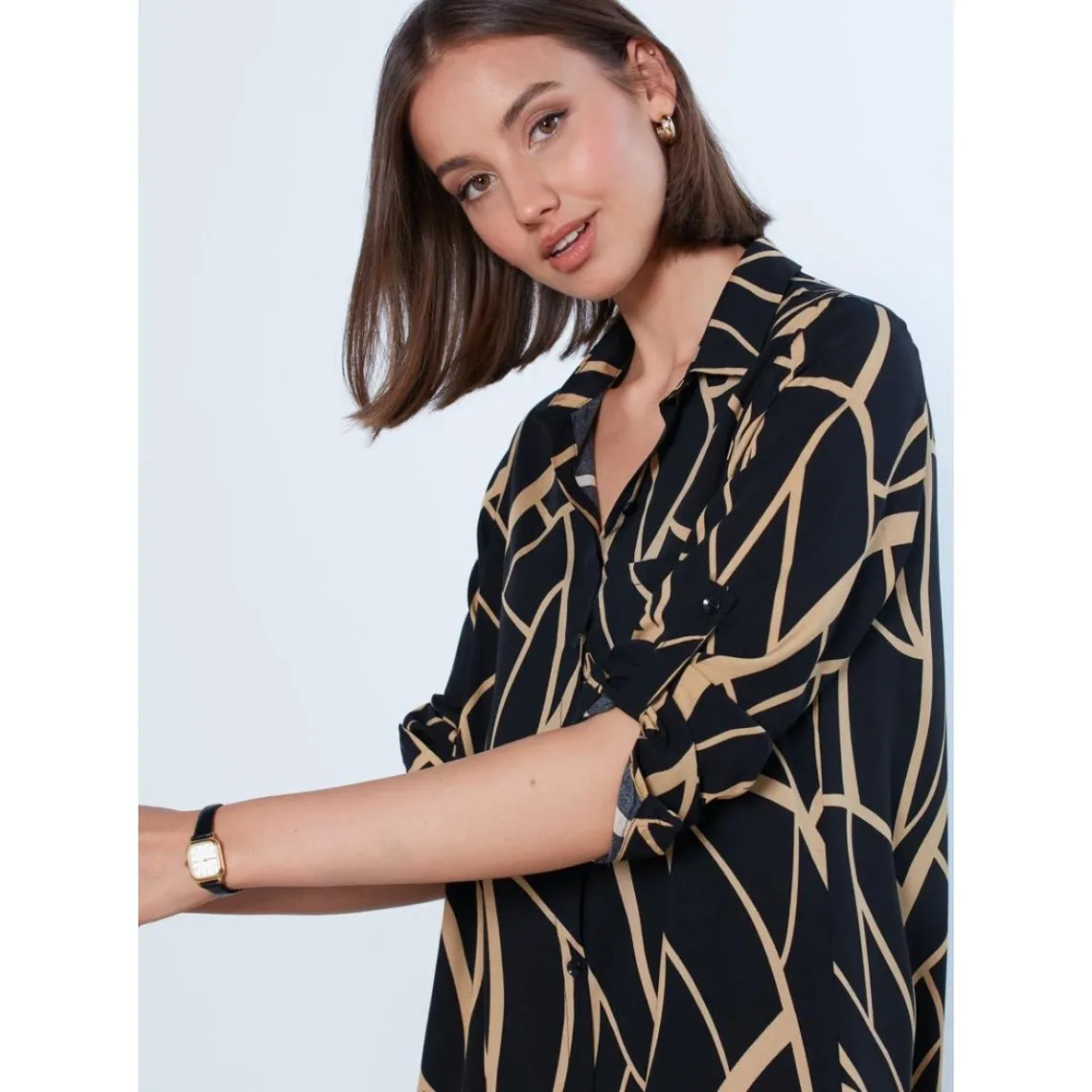 Robe chemise évasée imprimée à manches longues en viscose noir | 3 Suisses