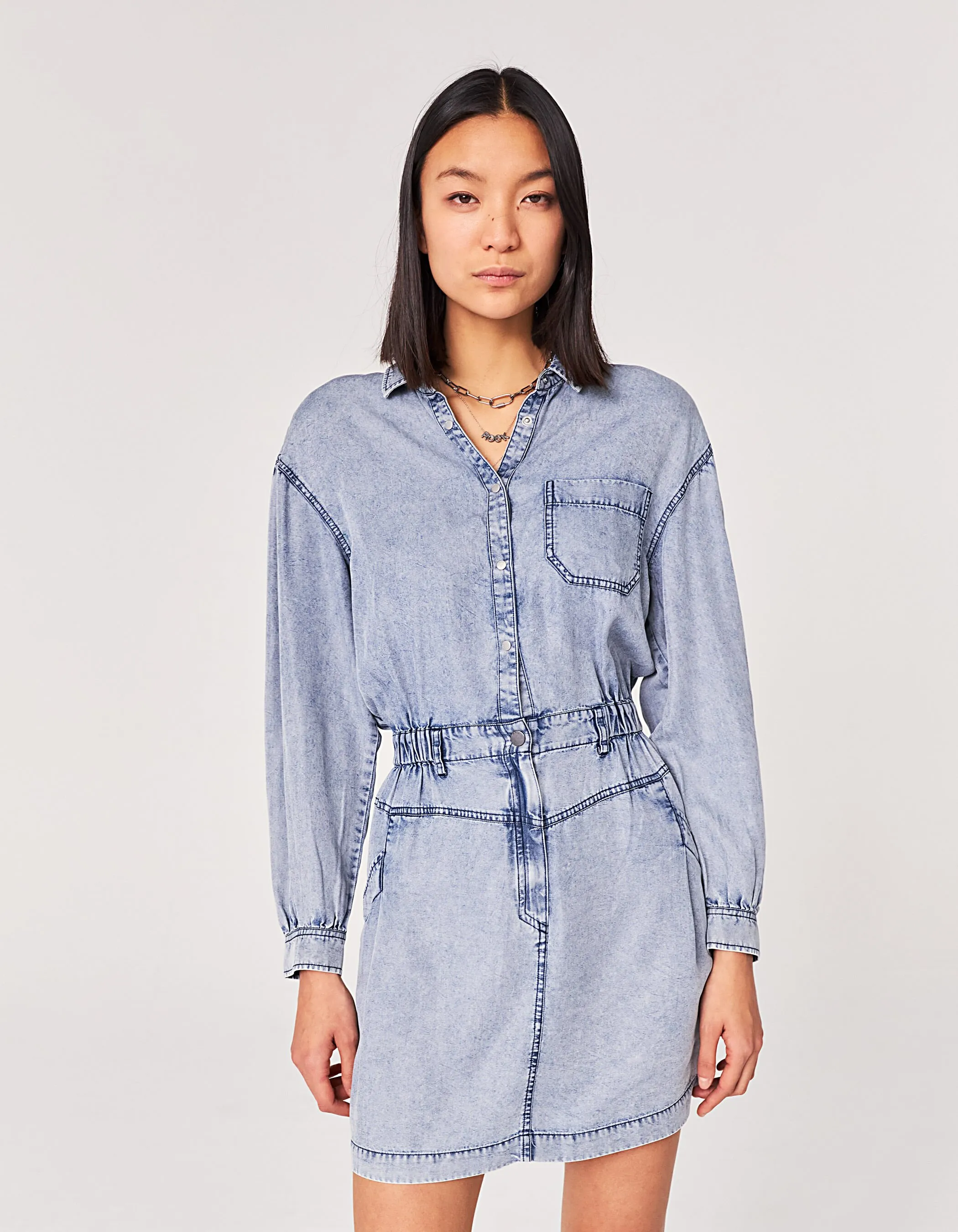 Robe chemise en tencel bleu traitement acid wash femme