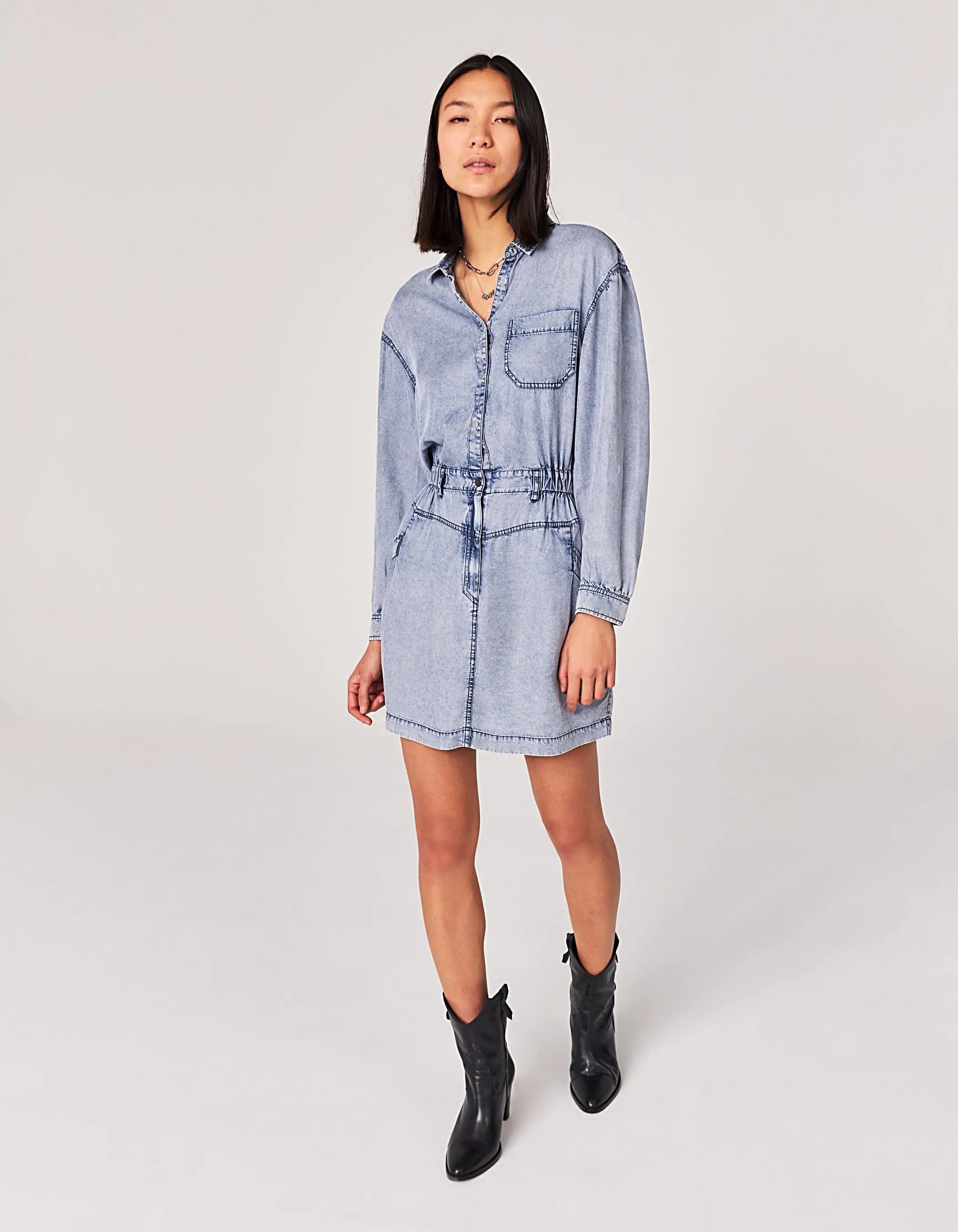 Robe chemise en tencel bleu traitement acid wash femme