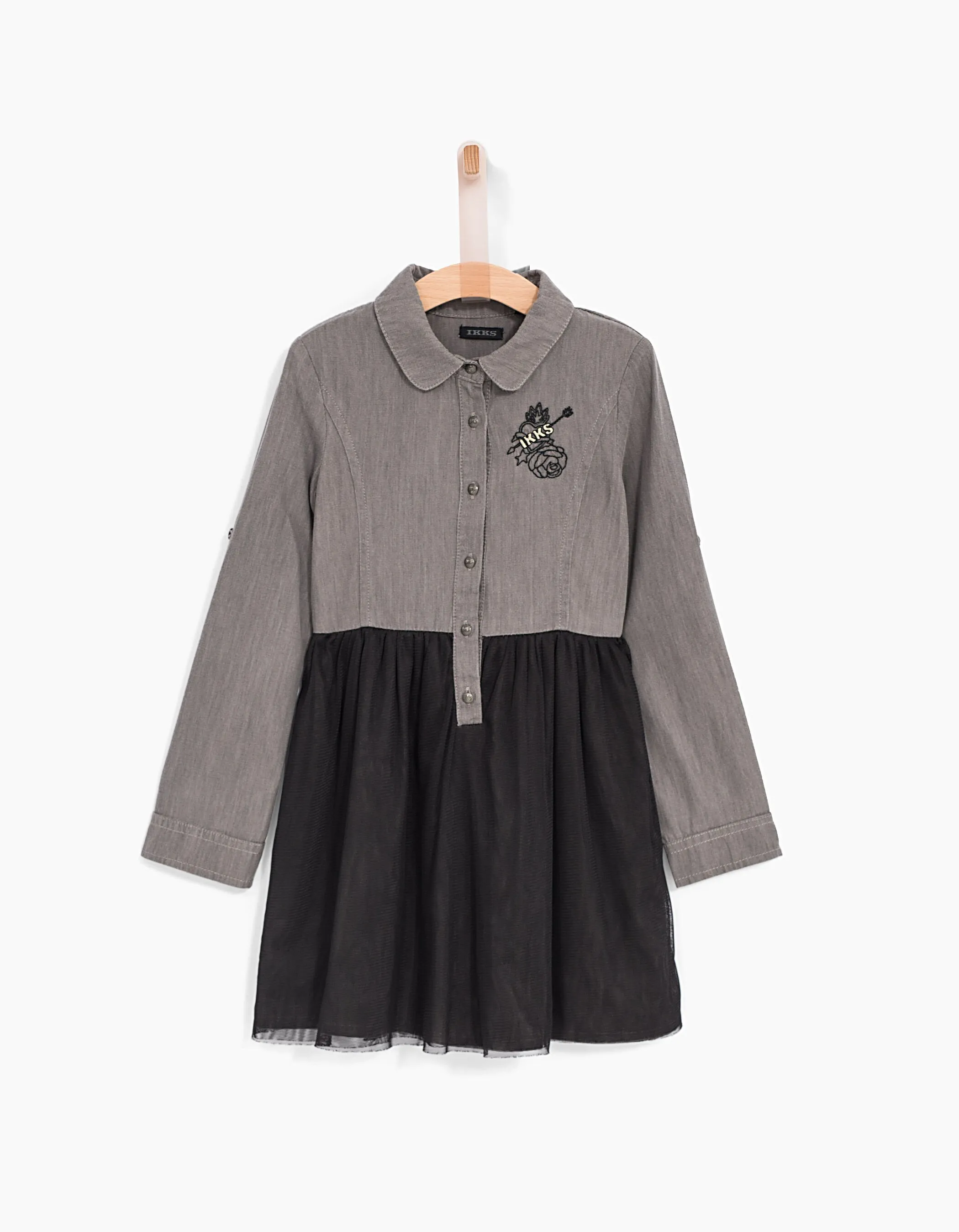 Robe-chemise grise en denim et tulle noir fille