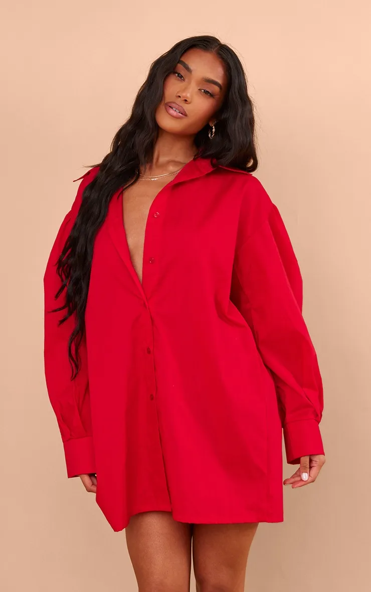 Robe chemise oversize en popeline de coton rouge tomate